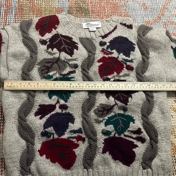 Vintage Norm Thompson Wool Leaf Design Grey Sweater Size L - Picture 6 of 7